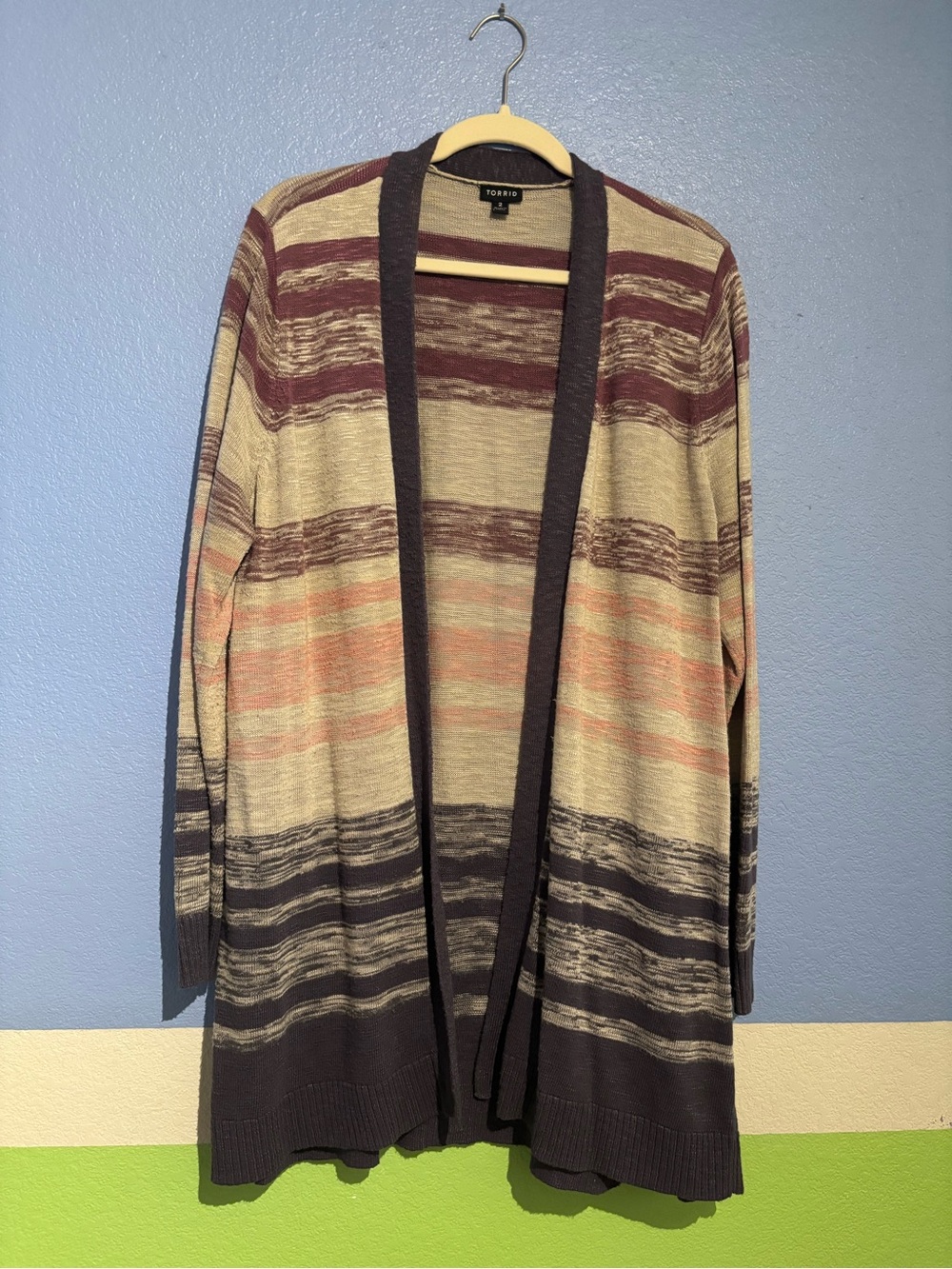 torrid Striped Open-Front Cardigan in Taupe, Mauve & Charcoal